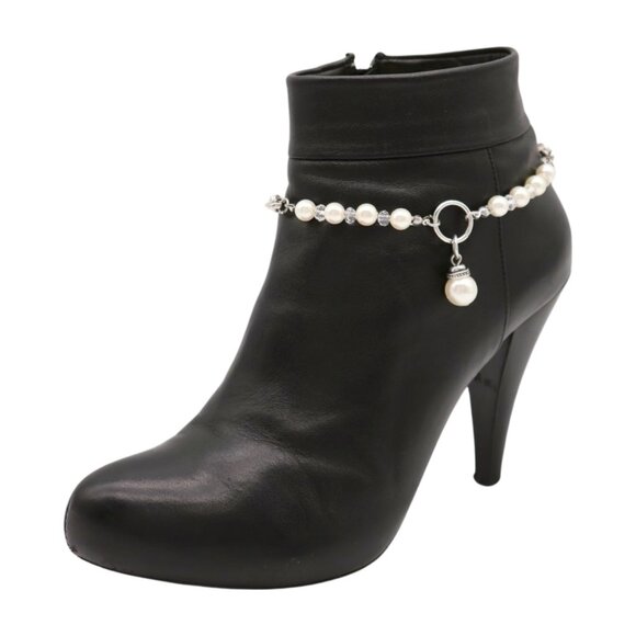 Women Silver Metal Chain Boot Bracelet Shoe Cream Imitation Pearl Charm 2PCS SET - Picture 17 of 17